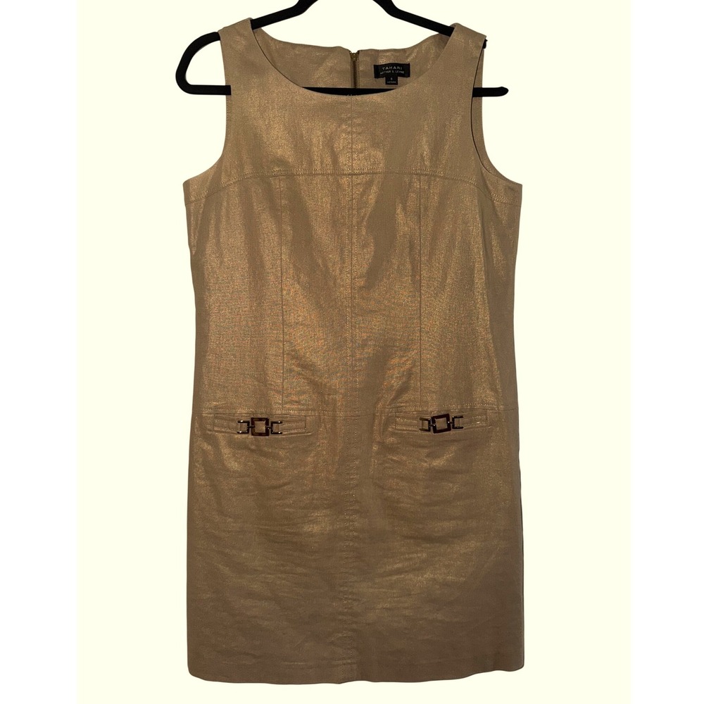 Tahari Linen Blend Shift Dress Sz 8 Gold Metallic Sleeveless Wedding Guest Chic